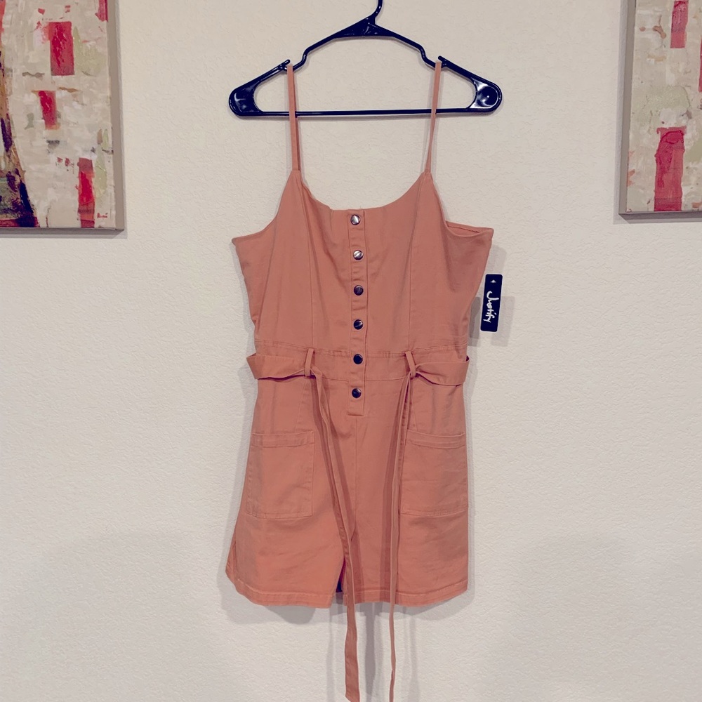 Justify, coral gold, size Large utility romper, 97% cotton and 3% spandex